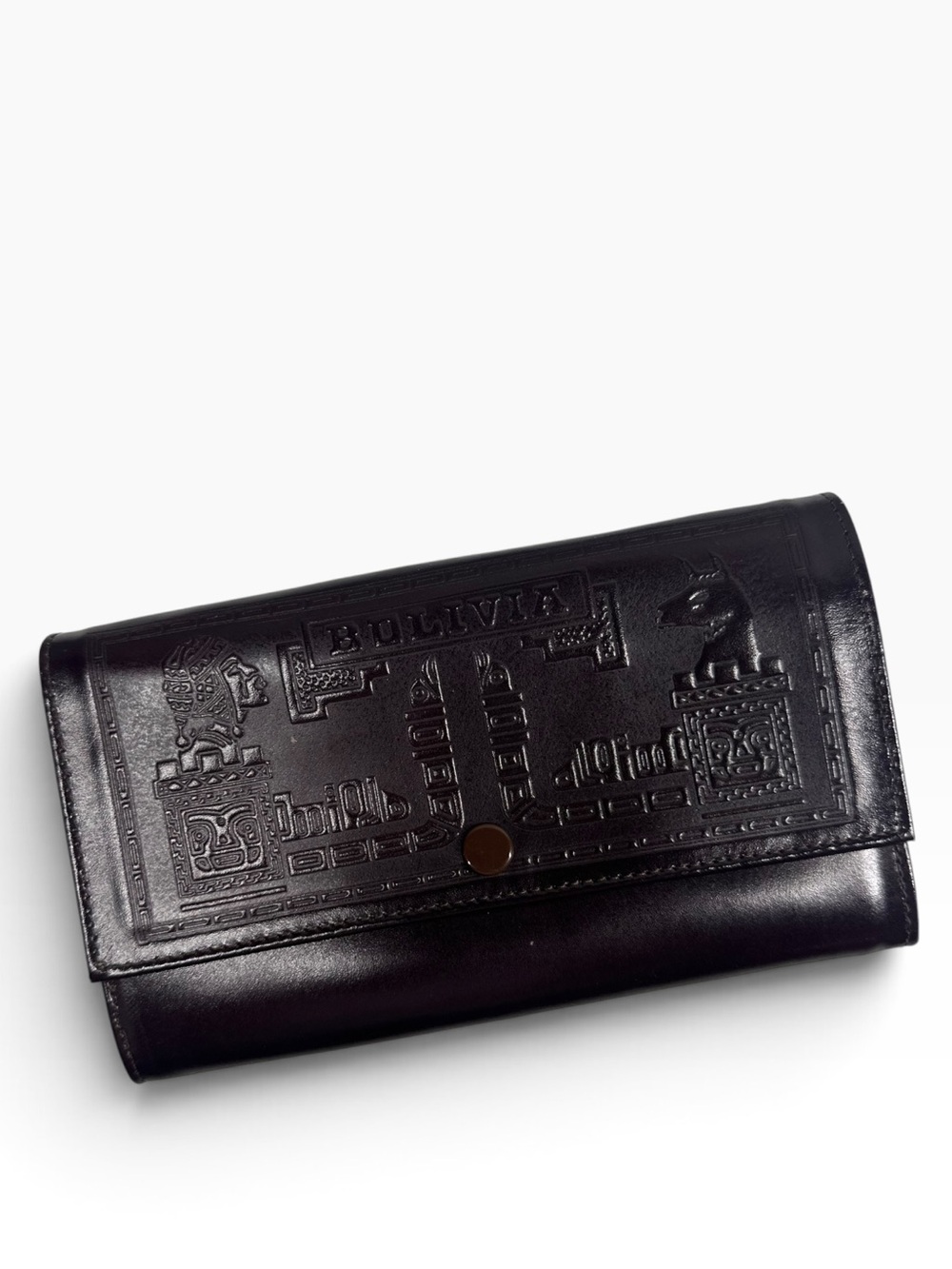 BOLIVIA Vintage Tooled Leather Trifold Long Wallet Snap Closure